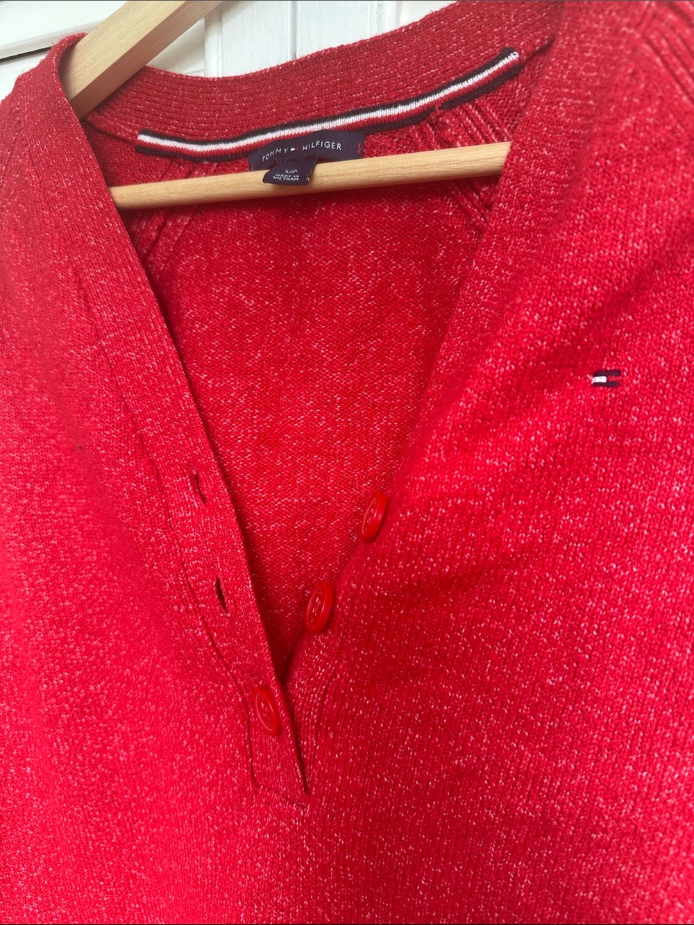Tommy Hilfiger Red V‑Neck Sweater with Contrast Hem